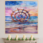 Watercolor Painting of Nautical Ship Wheel on Ocean Shore with Colorful Sunset and Waves in Vibrant Blue Pink and Amber Tones on Ready to Hang 1.5" Thick Canvas Wrap, Floating Framed Canvas, Flat Rolled Canvas
